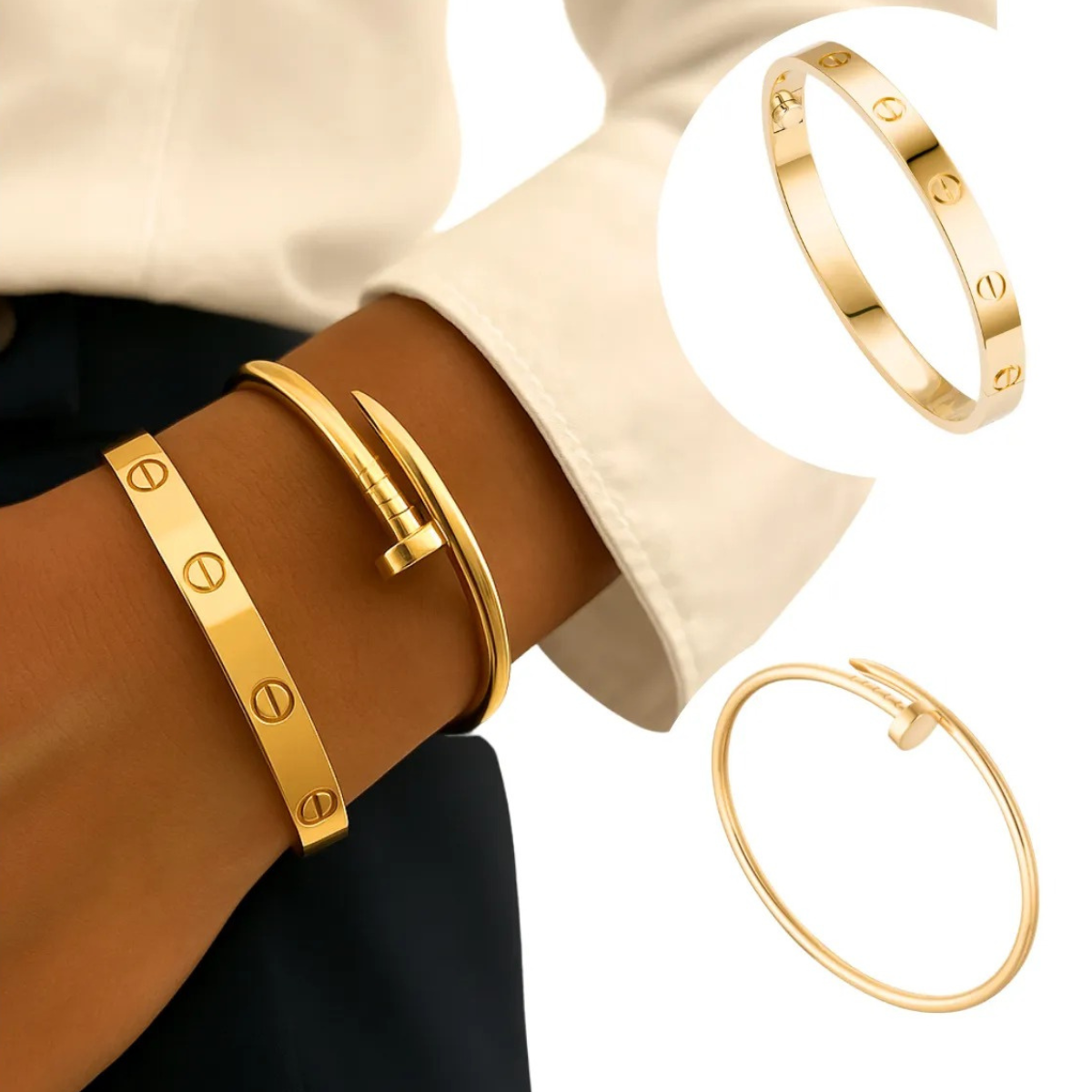 Kit 2 Pulseiras Bracelete Aço Inox Prata Ouro 18k Love Prego Dourado 6 Cm 18 Cm