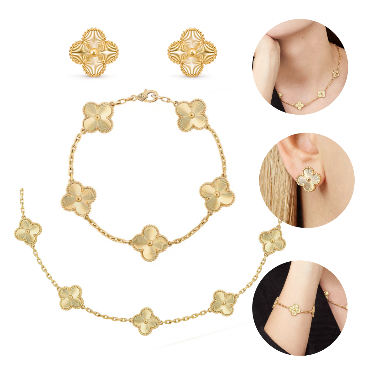 Colar Choker Pulseira Brincos Trevo Virgínia Banho Ouro 18k Dourado