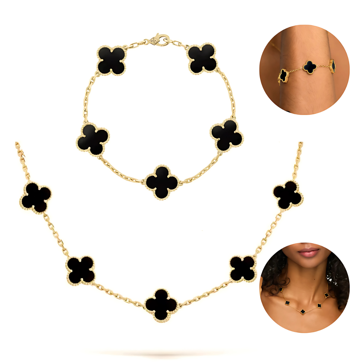 Conjunto Colar e Pulseira Trevos Dourado e Preto Ônix