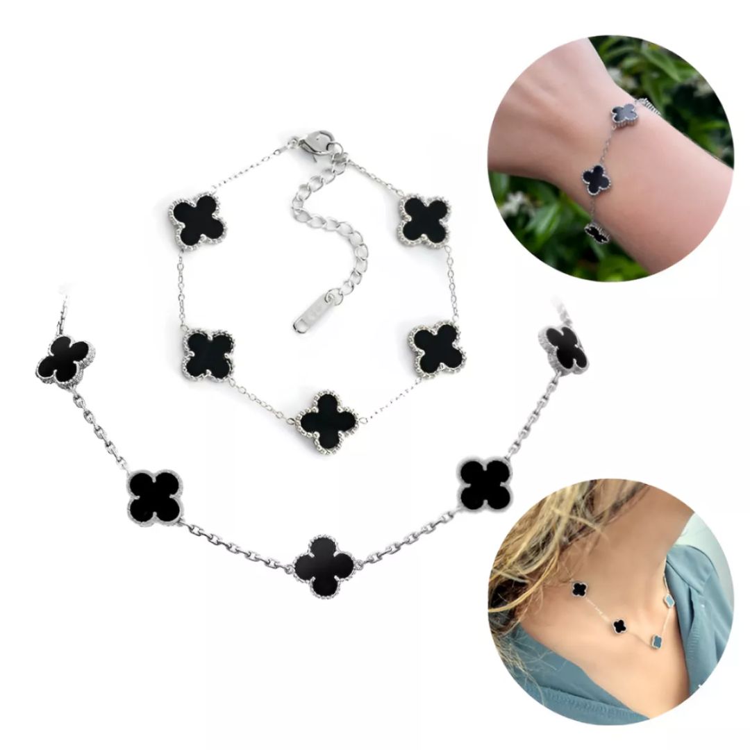 Conjunto Colar e Pulseira Trevos Prata e Preto Ônix