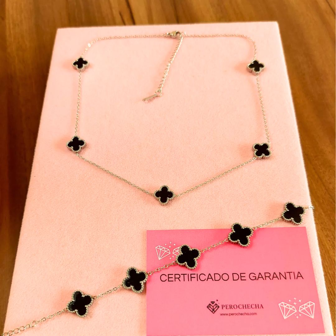 Conjunto Colar e Pulseira Trevos Prata e Preto Ônix