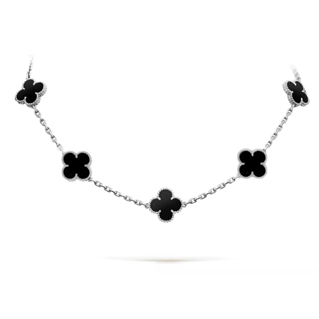 Conjunto Colar e Pulseira Trevos Prata e Preto Ônix