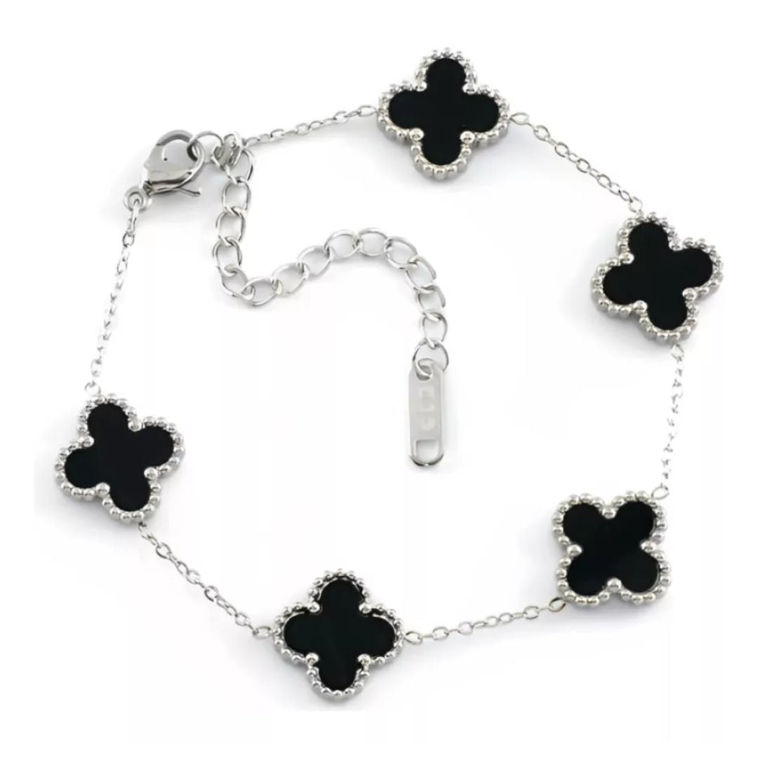 Conjunto Colar e Pulseira Trevos Prata e Preto Ônix