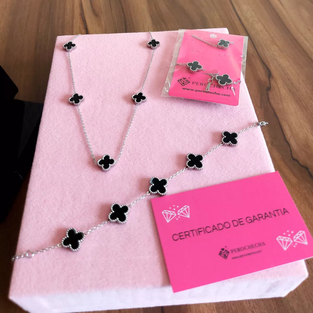 Kit Colar Choker Pulseira Brincos Trevo Virgínia Aço Inoxidável 316L Prata