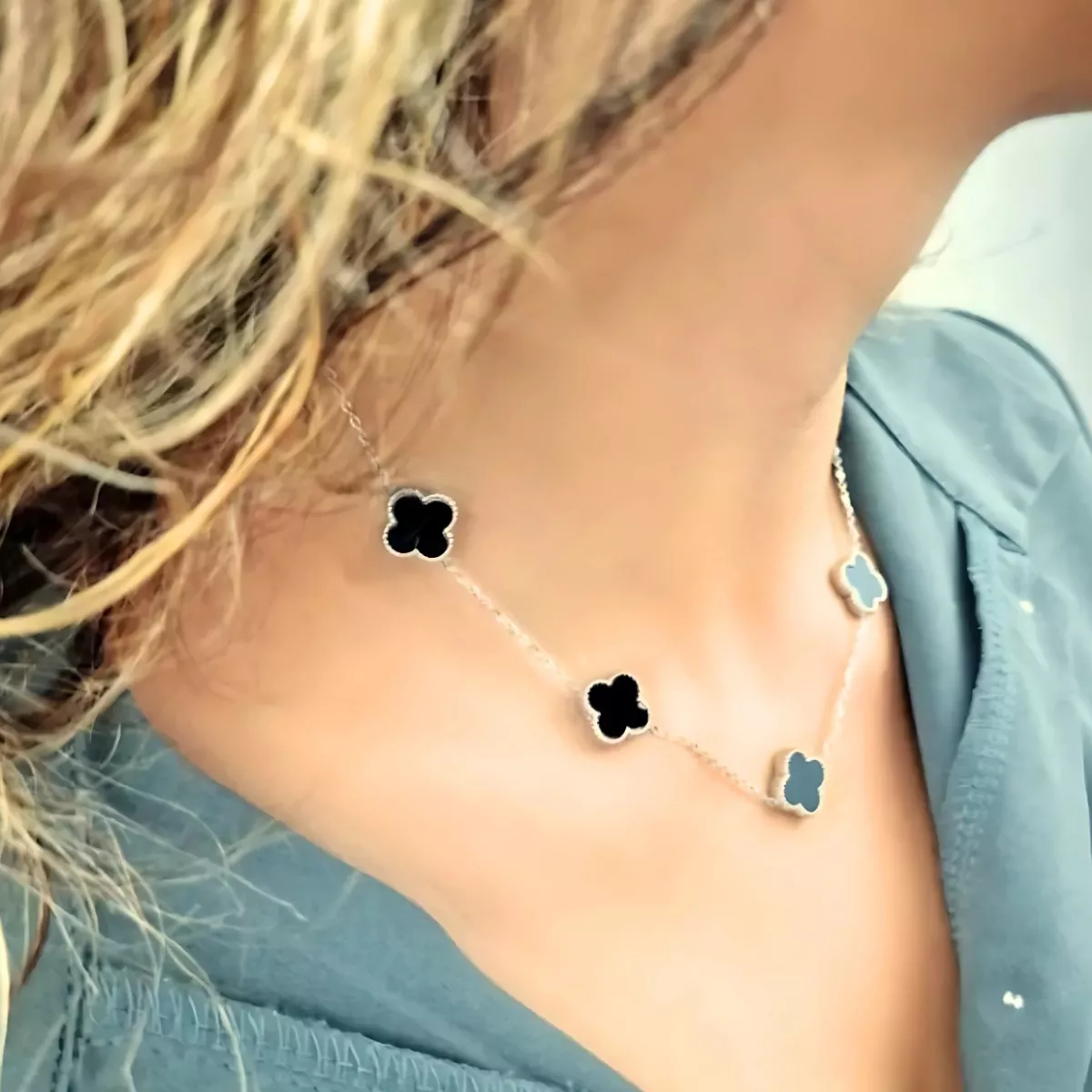 Kit Colar Choker Pulseira Brincos Trevo Virgínia Aço Inoxidável 316L Prata