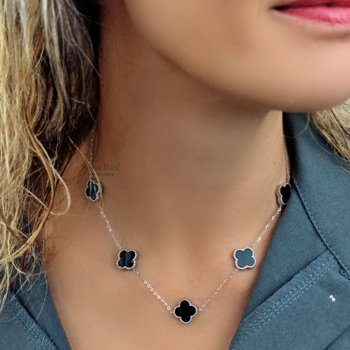 Kit Colar Choker Pulseira Brincos Trevo Virgínia Aço Inoxidável 316L Prata