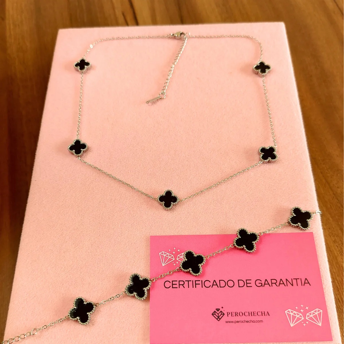 Kit Colar Choker Pulseira Brincos Trevo Virgínia Aço Inoxidável 316L Prata