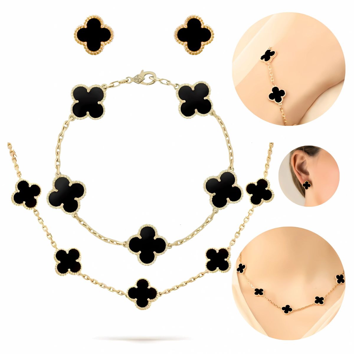 Colar Choker Pulseira Brincos Trevo Virgínia Banho Ouro 18k Preto Ônix Dourado