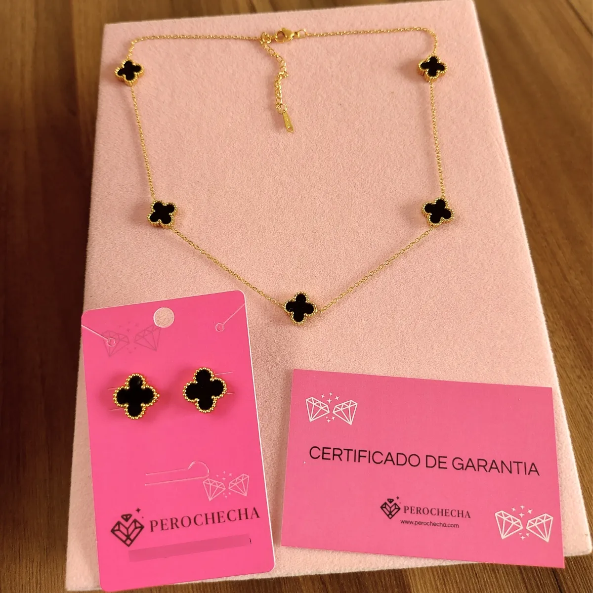 Colar Choker Pulseira Brincos Trevo Virgínia Banho Ouro 18k Preto Ônix Dourado