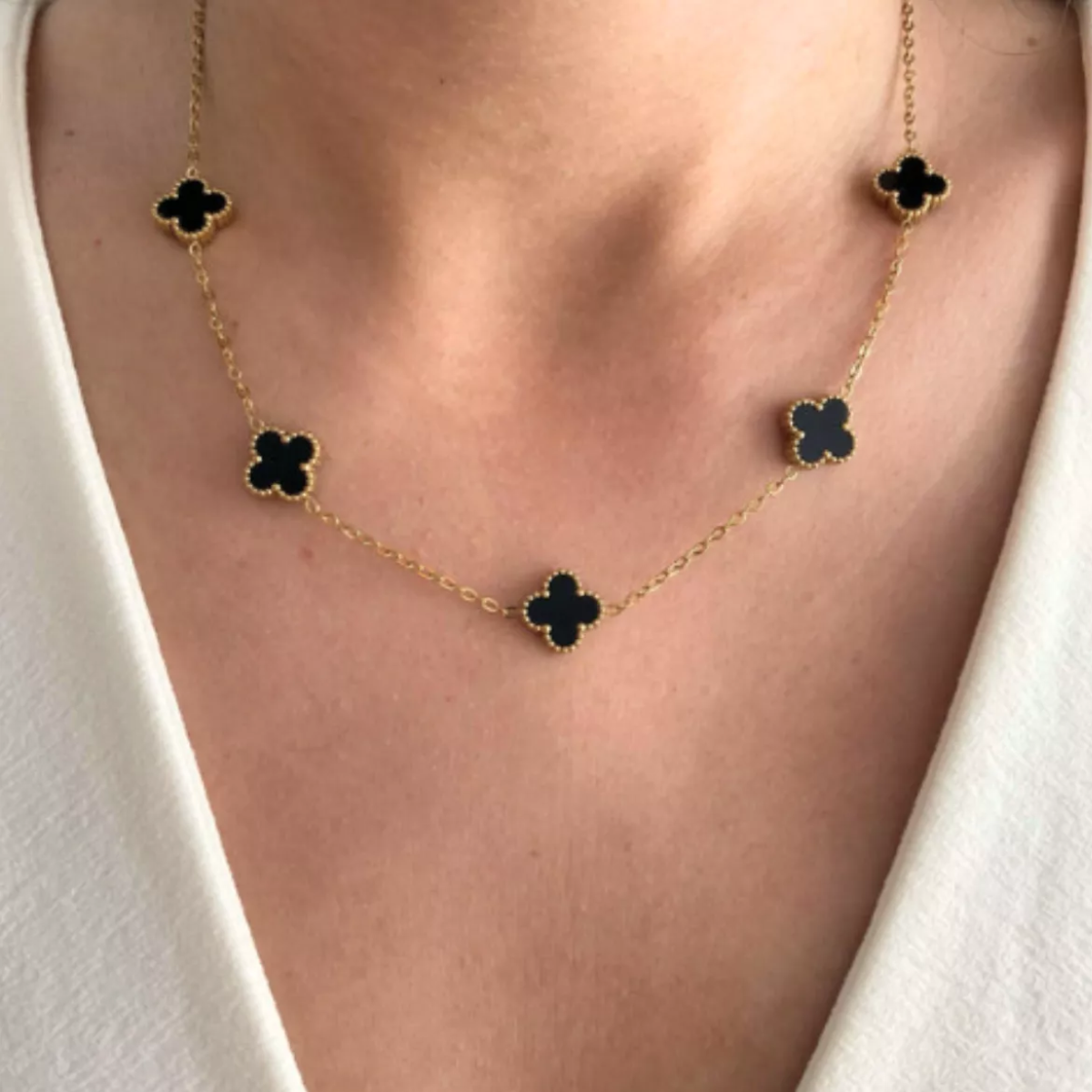 Colar Choker Pulseira Brincos Trevo Virgínia Banho Ouro 18k Preto Ônix Dourado