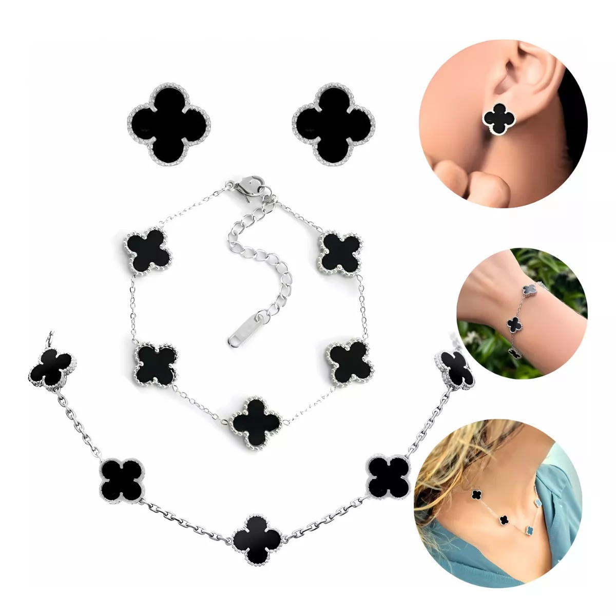 Kit Colar Choker Pulseira Brincos Trevo Virgínia Aço Inoxidável 316L Prata